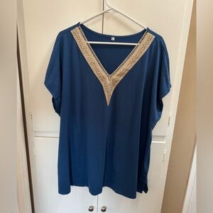 Blue V-Neck Top with Crochet Detail 3XL (NWOT)